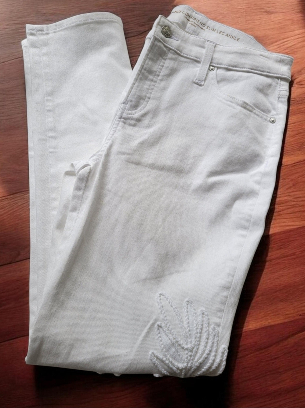 Chico's White Ankle Slim-Leg Jeans with Embroidered Leaf Detail